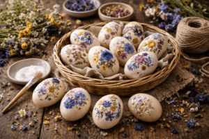 Ostereier mit getrockneten Blüten