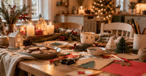 Weihnachten basteln — klebriger Küchentisch mit halbfertigen Papiersternen und Kinderhänden