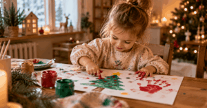 Weihnachten basteln — Kinderhände mit roter und grüner Fingerfarbe auf großem Papier
