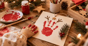 Weihnachten basteln — kleiner Babyhandabdruck in Rot als Weihnachtsgeschenk neben Bastelmaterial