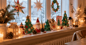 Weihnachten basteln — selbstgebastelte Papiersterne und Fensterbilder auf einer Fensterbank
